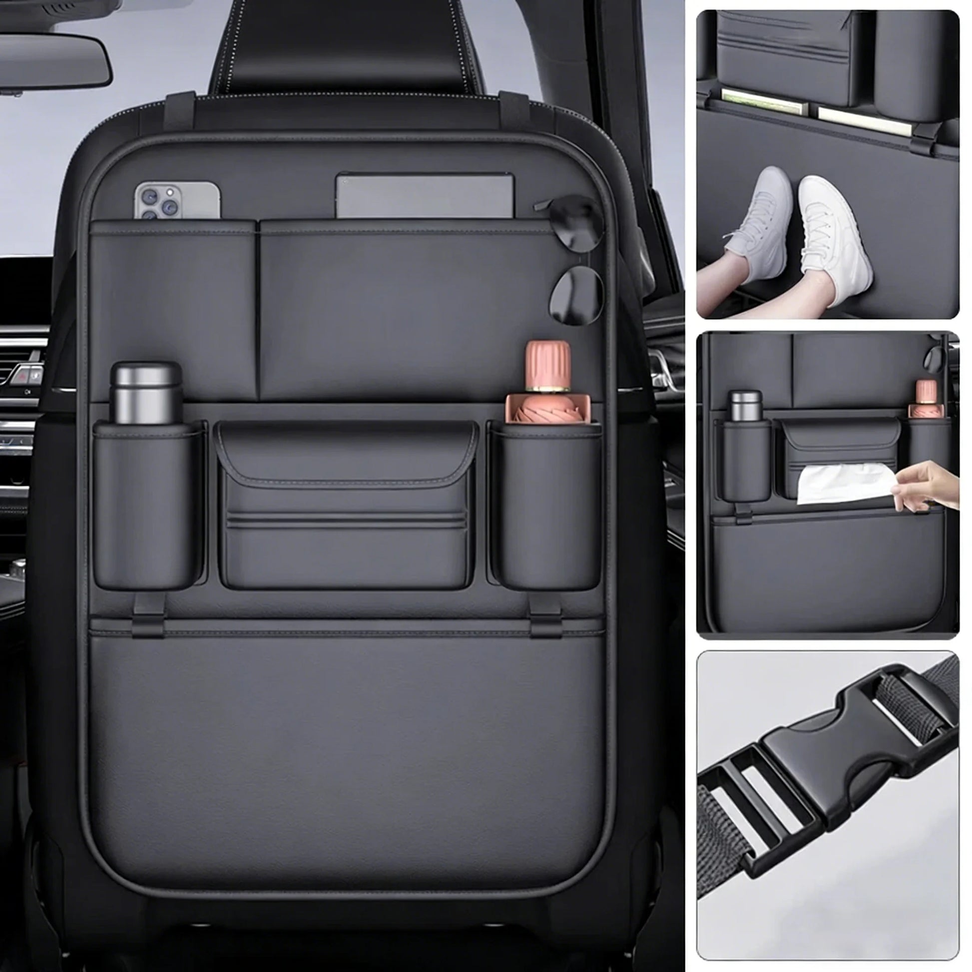6-Pocket Car Seat Back Storage Bag Wear-Resistant Car Backseat Organizer Tissue/Cup Holder Waterproof Anti-Kick Pad