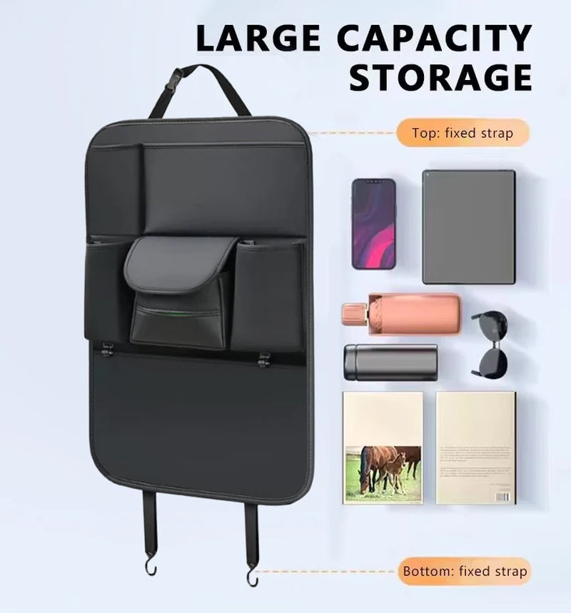 6-Pocket Car Seat Back Storage Bag Wear-Resistant Car Backseat Organizer Tissue/Cup Holder Waterproof Anti-Kick Pad