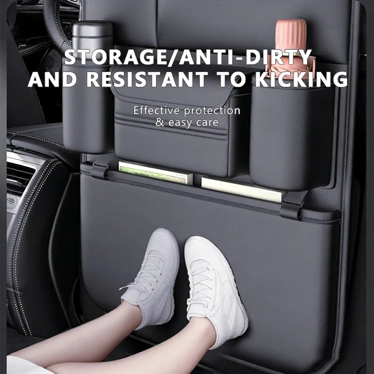 6-Pocket Car Seat Back Storage Bag Wear-Resistant Car Backseat Organizer Tissue/Cup Holder Waterproof Anti-Kick Pad
