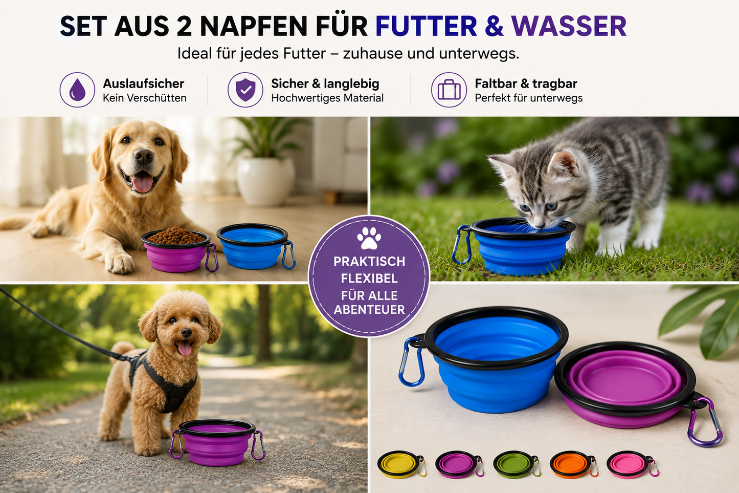Faltbarer Reisenapf für Hunde & Katzen mit Karabiner