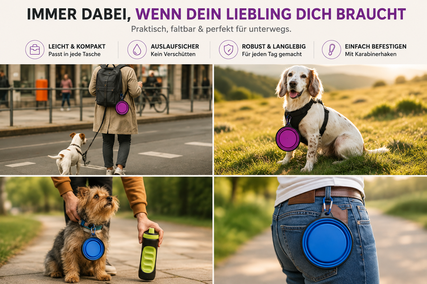 Faltbarer Reisenapf für Hunde & Katzen mit Karabiner