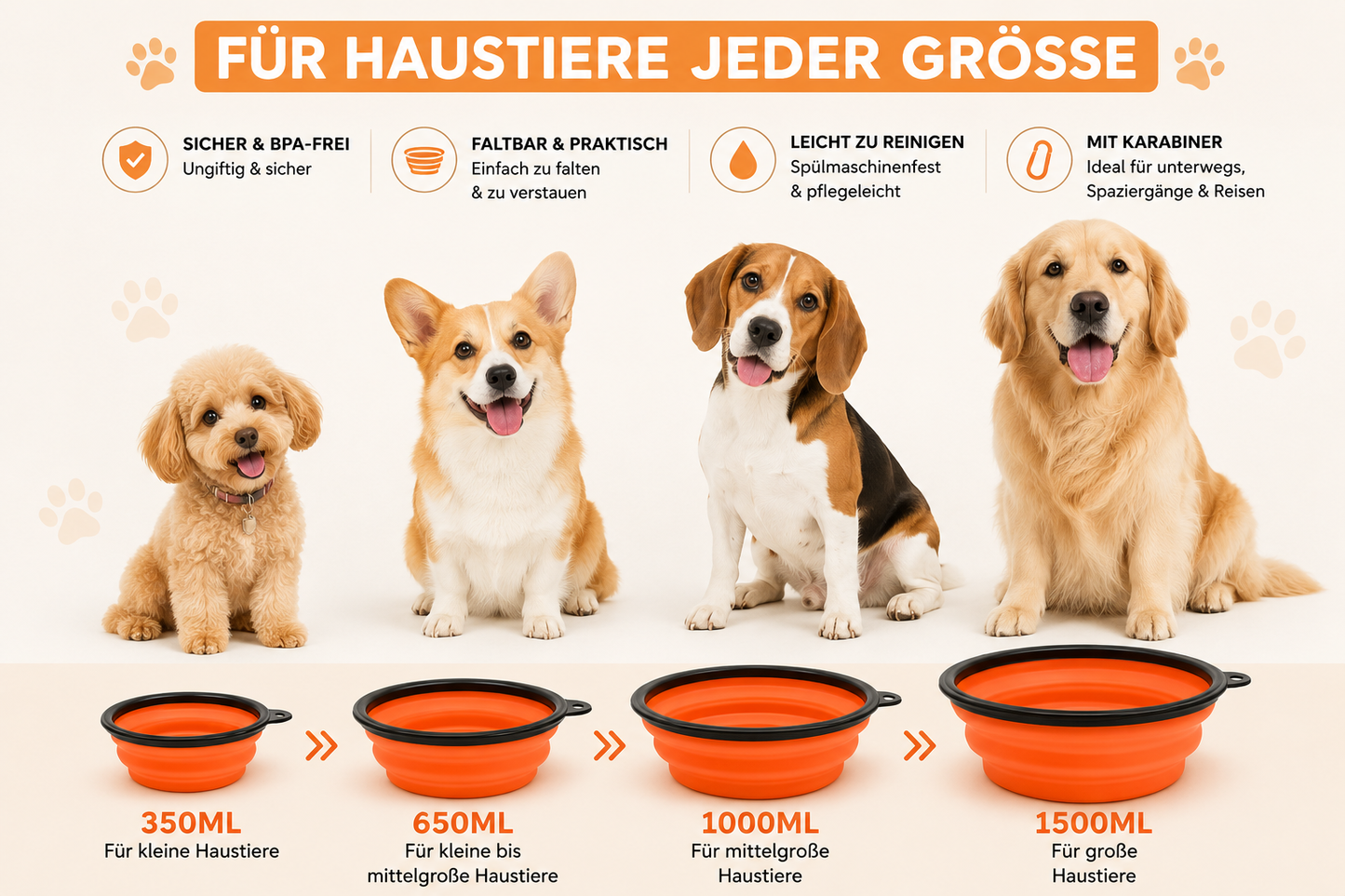 Faltbarer Reisenapf für Hunde & Katzen mit Karabiner