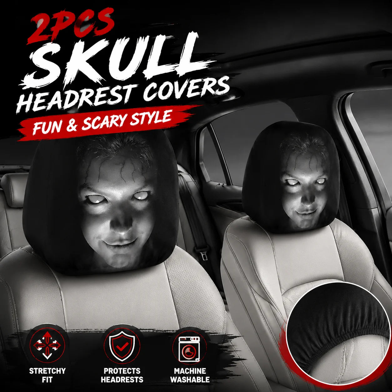 Horror Ghost Woman Print Car Headrest Cover Scary Prank Car Seat Head Rest Protector Cover Halloween Auto Interior Decor