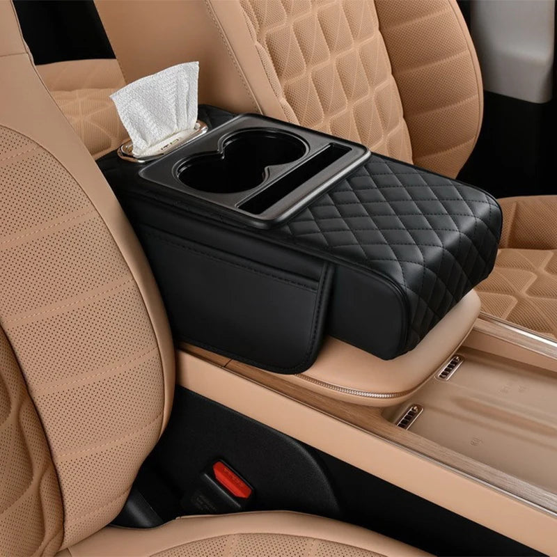 4-In-1 Car Armrest Thicken Height Pad Arm Rest Cushion with Pocket Tissue Cup Holder Memory Cotton Elbow Support Height Pad
